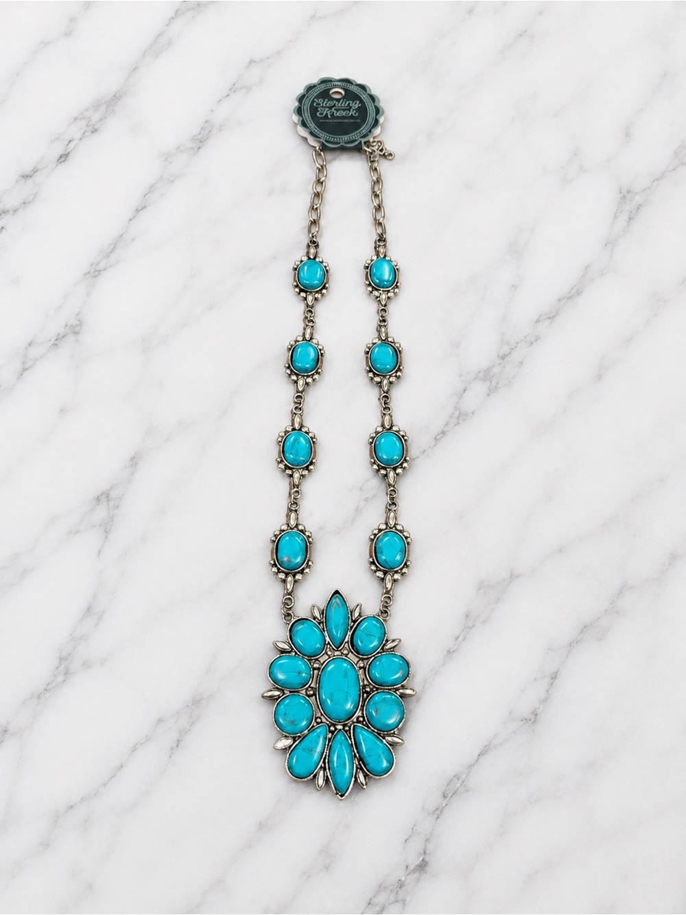 Sterling Kreek Turquoise Statement Necklace Western Boho Silver Tone NWT